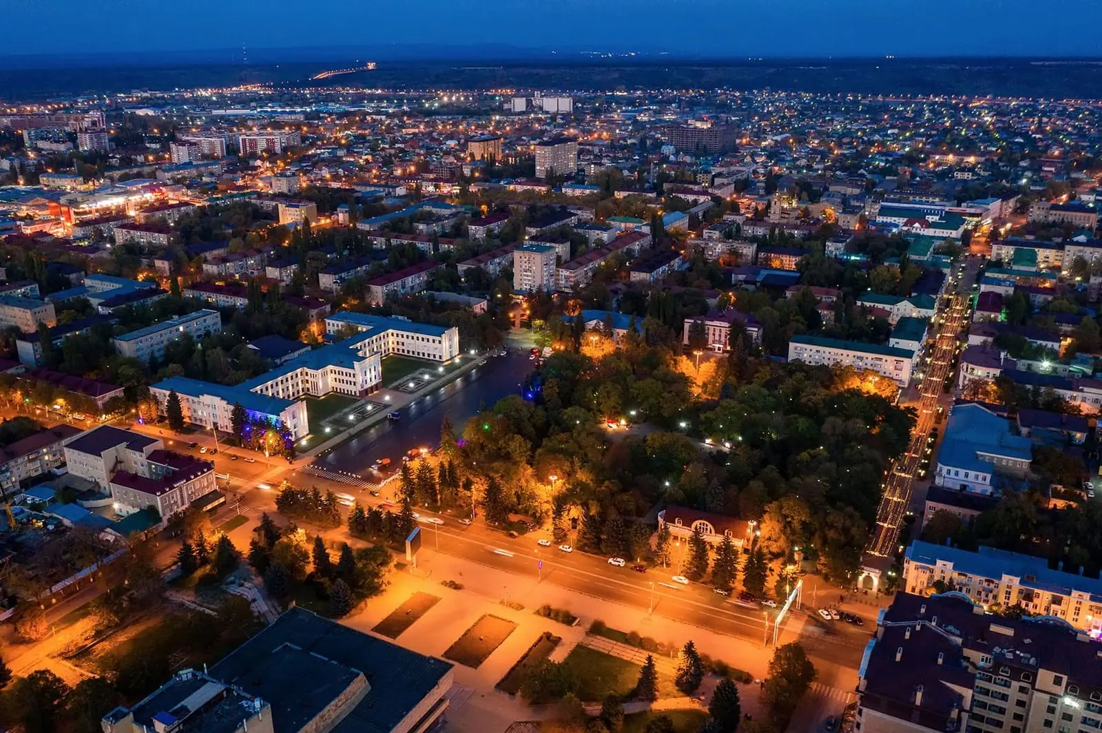 Aerial view of Cherkessk, Russia, lit at dusk