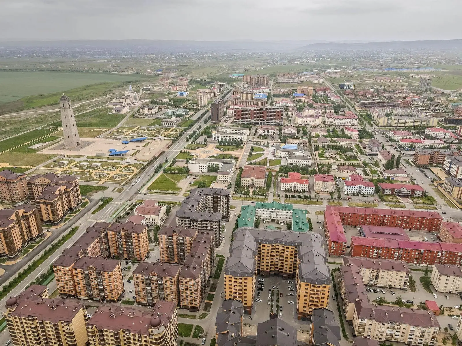 Aerial view over the streets of Magas, Ingushetia